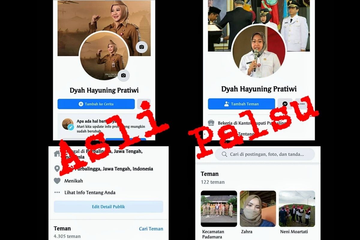 Akun palsu dan akun asli Bupati Purbalingga, Dyah Hayuning Pratiwi.