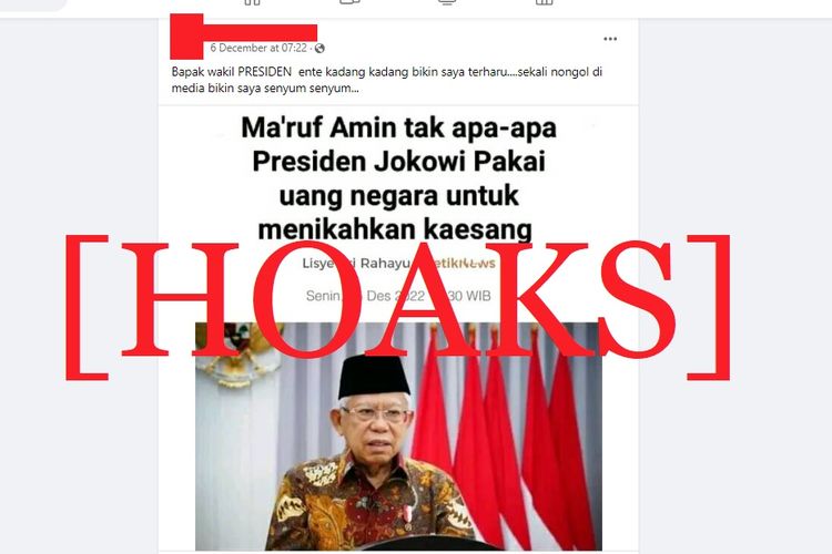 Tangkapan layar Facebook narasi yang menyebut bahwa Ma'aruf Amin mengatakan tidak apa-apa Presiden jokowi menggunakan uang negara untuk pernikahan Kaesang