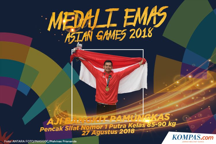 Pesilat Indonesia peraih medali emas Aji Bangkit Pamungkas berpose usai upacara penyerahan medali nomor Kelas I Putra 85-90 kg Asian Games 2018 di Padepokan Pencak Silat Taman Mini Indonesia Indah (TMII), Jakarta, Senin (27/8/2018). 