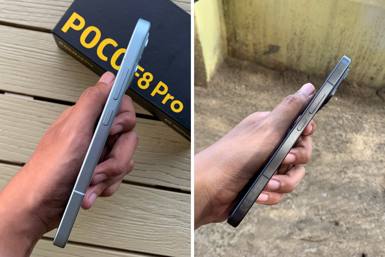 Rangka bodi Poco F8 Pro (kiri) dan F8 Ultra (kanan) yang menggunakan material aluminium yang cukup kokoh dan sekelilingnya dilapisi dengan finishing bertekstur halus dan kesat sehingga nyaman digenggam. 