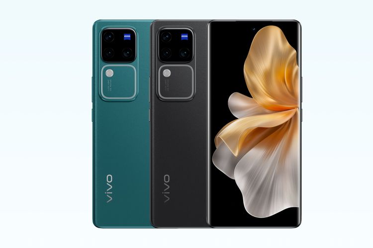 Render depan dan belakang Vivo V30 Pro dalam varian warna Equatorial Green dan Volcanic Black