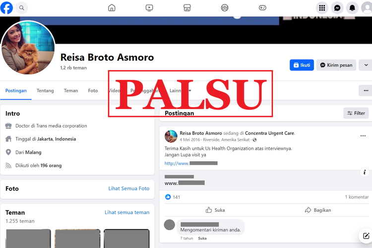 Tangkapan layar akun Facebook tiruan mengaku sebagai dokter Reisa Broto Asmoro.