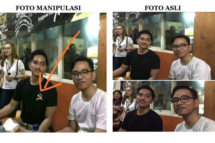 Perbandingan foto asli Kaesang Pangarep mengenakan kaus hitam polos, dengan foto yang telah dimanipulasi dengan ditempelkan logo palu arit di dada sebelah kirinya.