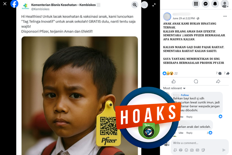Tangkapan layar konten hoaks di sebuah akun Facebook, Sabtu (29/6/2025), mengenai Kemenkes meluncurkan tag telinga inovatif.