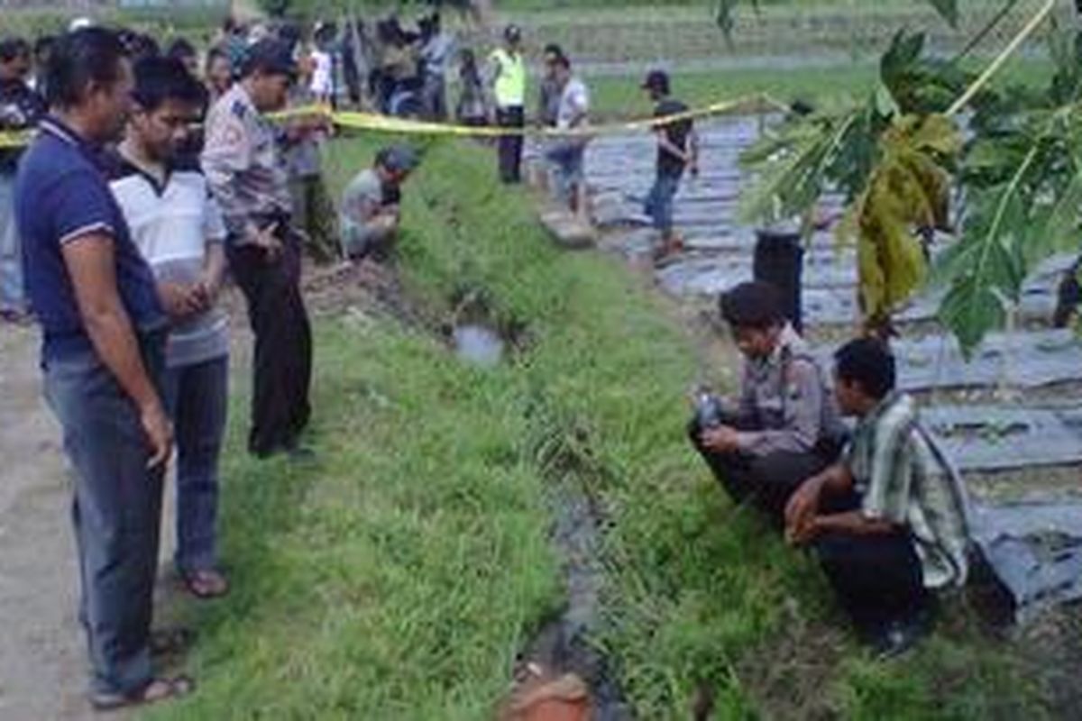 Polisi memeriksa mayat di pematang sawah Desa Purworejo, Kecamatan Kandat, Kabupaten Kediri, Jawa Timur, Selasa (4/12/2012).
