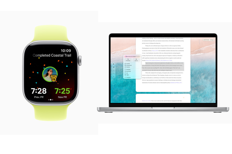 Pemenang aplikasi terbaik App Store Awards 2025: (kiri) Strava di perangkat Apple Watch, dan (kanan) Essayist di perangkat Mac. 