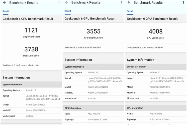 Hasil benchmark Xiaomi 13T untuk CPI (kiri), dan GPU (tengah dan kanan) di Geekbench 6.