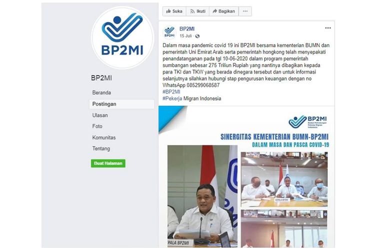 Sebuah narasi palsu yang mengatasnamakan Badan Pelindungan Pekerja Migran Indonesia (BP2MI) memberikan dana bantuan senilai total Rp 275 triliun kepada tenaga kerja Indonesia (TKI) dan tenaga kerja
wanita (TKW) beredar di media sosial Facebook.