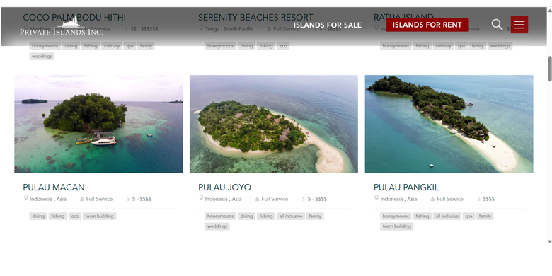 Tangkapan layar pulau dan properti lain yang terpajang di situs Private Islands Online. Ada tiga pulau di Indonesia yang disewakan, yakni Pulau Macan, Pulau Joyo, dan Pulau Pangkil.