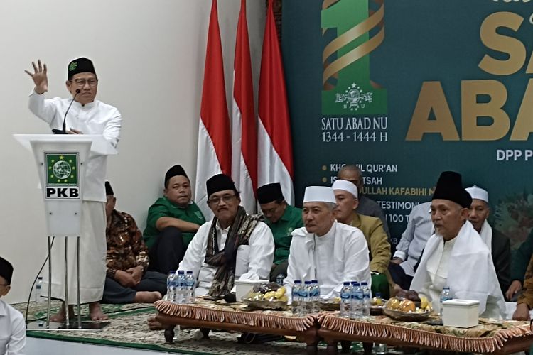 Ketua Umum PKB Muhaimin Iskandar dalam sambutannya pada peringatan 1 abad Nahdlatul Ulama (NU) di kantor DPP PKB, Jakarta Pusat, Minggu (5/2/2023) berharap partainya menjadi kekuatan politik NU.