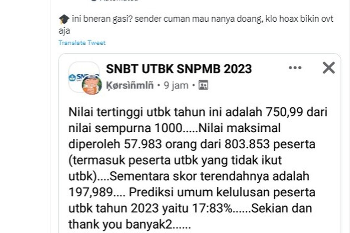 Beredar batas nilai-nilai pada UTBK 2023.