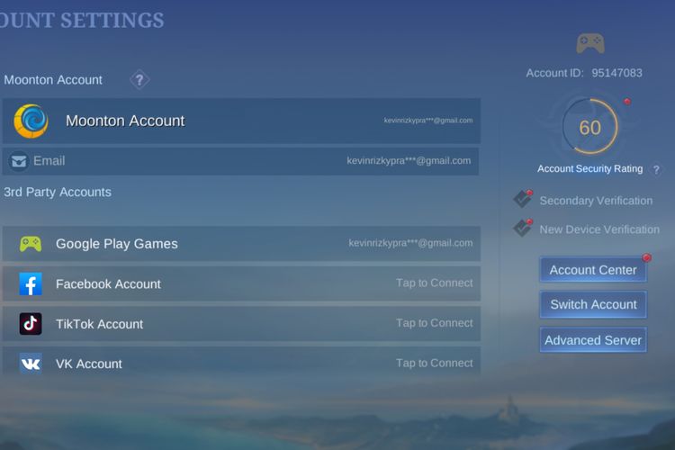 Menu pengaturan akun pada game Mobile Legends:Bang-Bang.