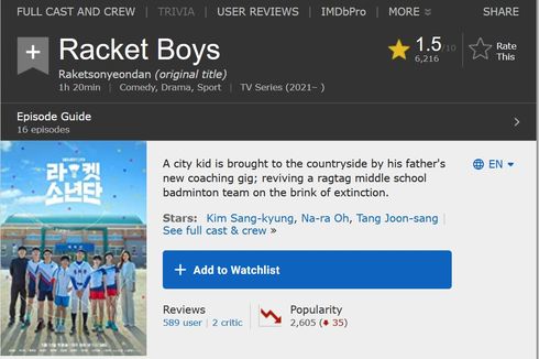 Buat Kesal Netizen Indonesia, Rating Racket Boys di IMDb Tinggal 1,5