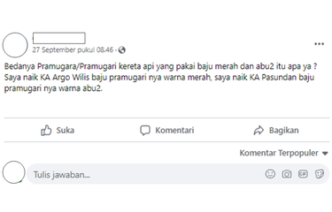 Tangkapan layar unggahan berisi pertanyaan soal beda warna seragam pramugara dan pramugari kereta api ramai di media sosial. Pengunggah menyebut, ada pramugara dan pramugari kereta api yang menggunakan seragam berwarna merah dan abu-abu.
