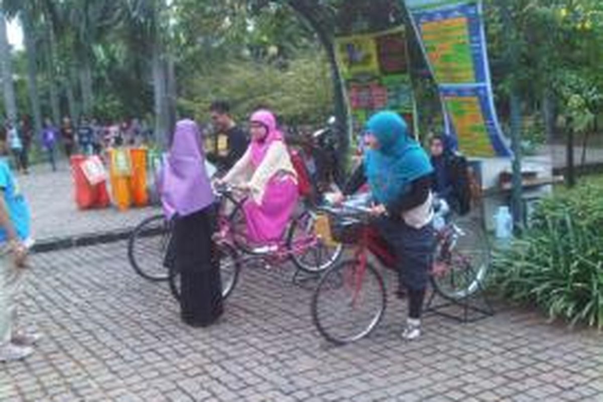 Pengunjung tengah mencoba sepeda yang bisa mencharge telepon genggam di Festival taman di Taman Cattleya, Tomang, Jakarta Barat, Sabtu (19/10/2013)