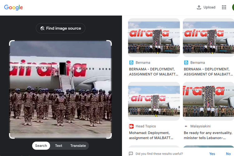 Tangkapan layar pencarian gambar di Google Lens, mengarahkan ke situs Bernama.com yang membahas soal pemberangkatan pasukan Malbatt 850-10 dan Malbatt 850-11 di Pangkalan Udara Subang.