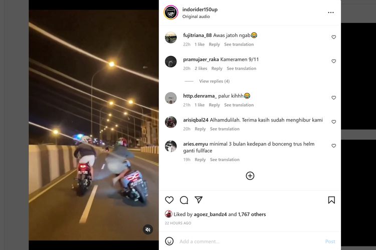 Video viral memperlihatkan pengendara sepeda motor jatuh karena ugal-ugalan alias banyak gaya. 