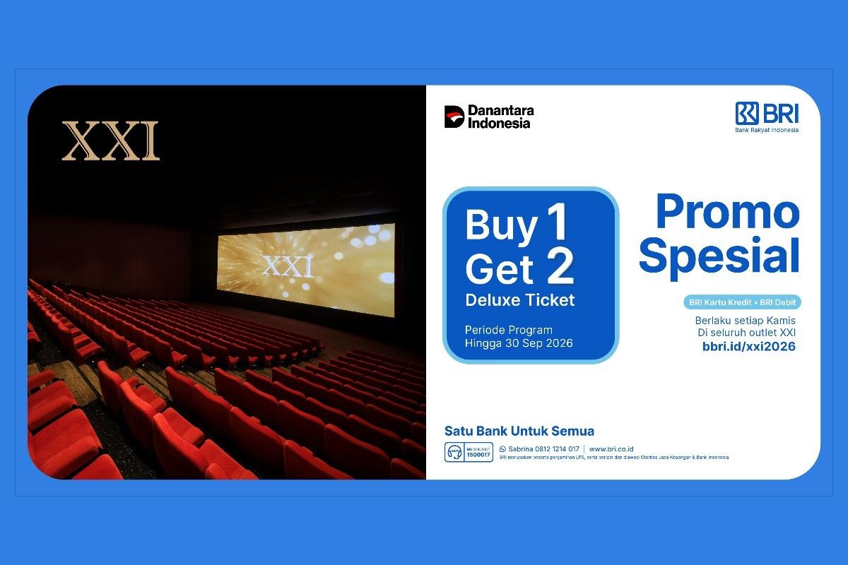 BRI menghadirkan promo Buy 1 Get 2 Tiket Deluxe di XXI setiap Kamis bagi pengguna BRI Debit ataupun BRI Kartu Kredit. 