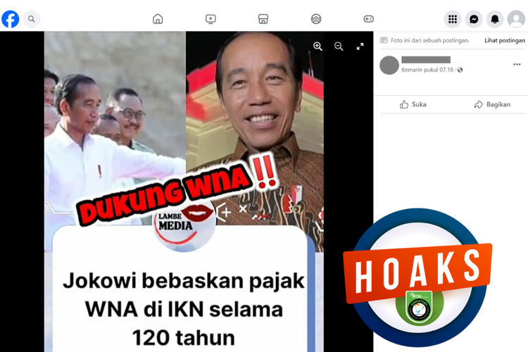 Tangkapan layar unggahan dengan narasi hoaks di sebuah akun Facebook, Selasa (10/10/2023), yang menyebut Jokowi membebaskan pajak WNA di IKN selama 120 tahun.
