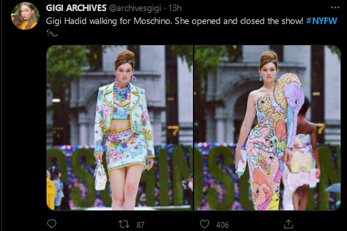 Unggahan foto Gigi Hadid di akun Twitter @archivesgigi menggambarkan bagaimana sang super model bergaya di catwalk rumah mode ternama Moschino, di ajang New York Fashion Week. Pada salah satu foto terlihat bagaimana Gigi bergaya sambil menenteng botol susu. 