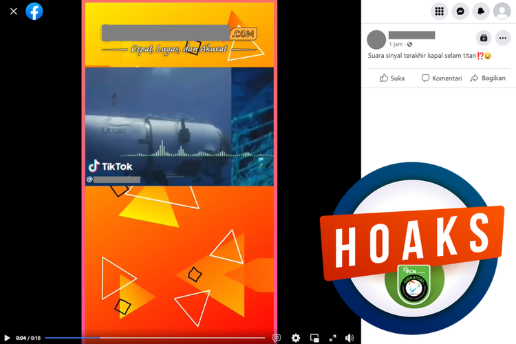 Tangkapan layar unggahan dengan narasi hoaks di sebuah akun Facebook, Sabtu (24/6/2023), soal rekaman suara terakhir kapal selam wisata Titanic.