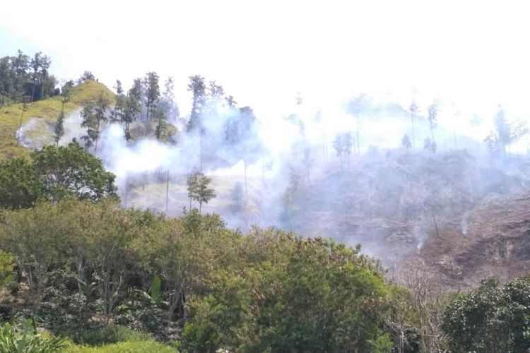 Kebakaran hutan lindung di kawasan Desa Mendele Utung-Utung, Kecamatan Kebayakan, Aceh Tengah, Kamis (14/10/2021). 
