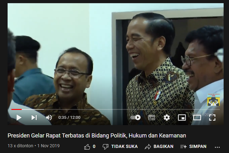 Tangkapan layar video di akun Youtube Teropong Time Indonesia, yang diunggah pada 1 November 2019 tentang rapat terbatas yang dilaksanakan pada 31 Oktober 2019.