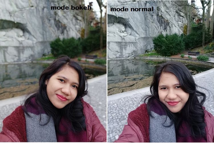 (ki-ka) Perbandingan foto selfie mode portrait dengan efek bokeh dan mode normal.