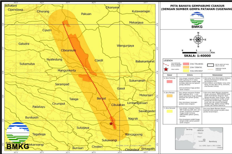 Peta bahaya gempa Cianjur dengan sumber gempa patahan Cugenang