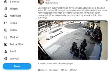 Tangkapan layar twit yang memperlihatkan pengendara motor diduga mencuri helm milik pengunjung restoran di Yogyakarta.