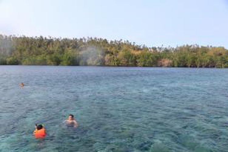 Wisatawan snorkeling di salah satu tempat menyelam di Pulau Bunaken, Manado, Sulawesi Utara.