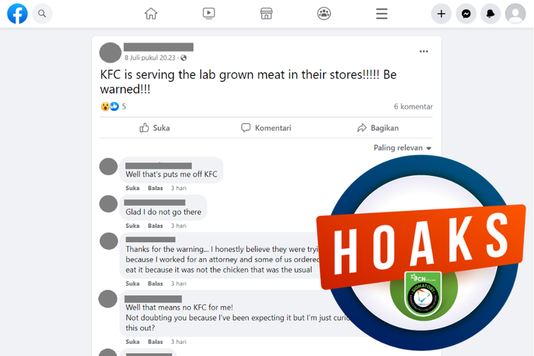 Tangkapan layar unggahan dengan narasi hoaks di sebuah akun Facebook, Sabtu (8/7/2023), soal tudingan penggunaan daging buatan yang dikembangkan di lab.