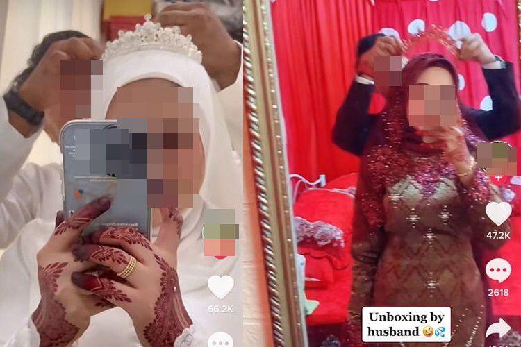 Kolase foto dari tangkapan layar di TikTok mengenai tren ?unboxing pengantin? yang sedang ramai di Malaysia.