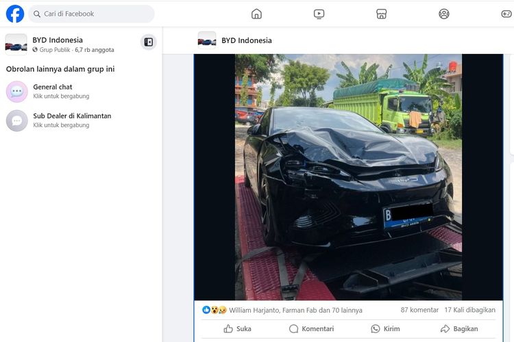 Kecelakaan mungkin tidak bisa dihindari konsumen. Salah satunya kejadian yang menimpa salah satu pengguna di grup Facebook BYD Indonesia, seperti dilansir pada Jumat (5/7/2024).