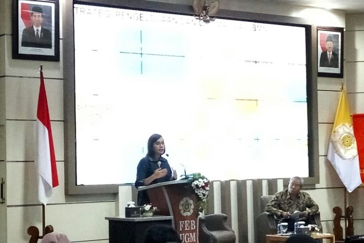 Menteri Keuangan Republik Indonesia, Sri Mulyani Indrawati saat menjadi pembicara kuliah umum di Fakultas Ekonomika dan Bisnis (FEB) Universitas Gadjah Mada (UGM), Selasa (25/09/2018).