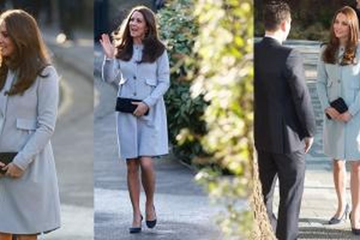 Kate Middleton,membalut kehamilannya dengan mantel cantik berwarna biru muda rancangan Seraphine.