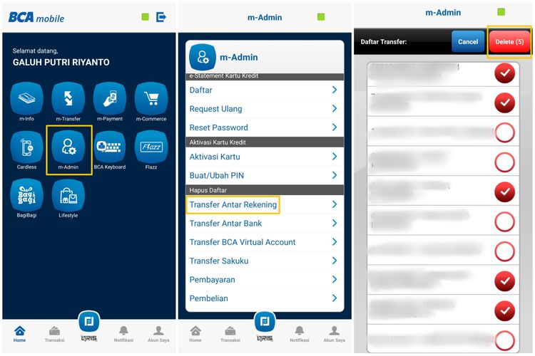 Cara Hapus Nomor Rekening Orang dari Daftar Transfer M-Banking BCA.