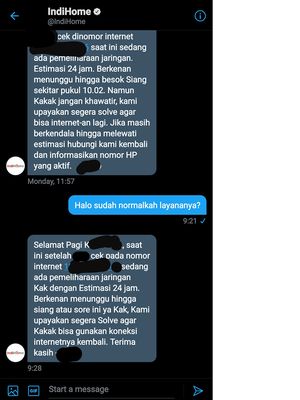 Customer service IndiHome memberitahukan penyebab gangguan sambungan internet di kawasan Jakarta Barat yang terjadi mulai Senin (16/3/2020)