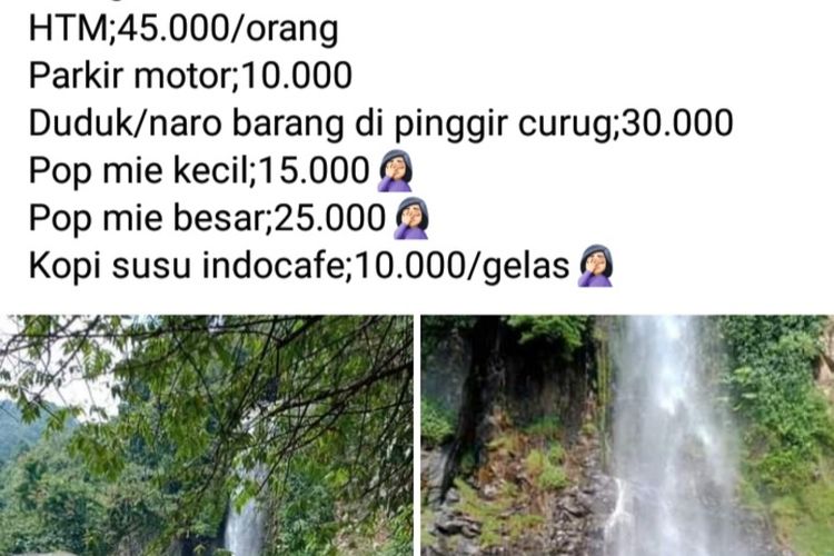 tangkapan layar foto viral biaya masuk Curug Bidadari di kawasan Sentul, Kecamatan Babakan Madang, Kabupaten Bogor, Jawa Barat.