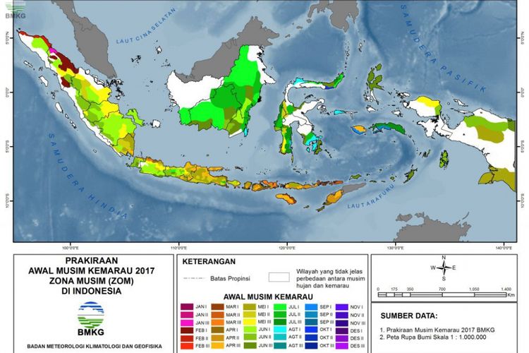 Peta prakiraan awal musim kemarau 2017 zona musim di Indonesia
