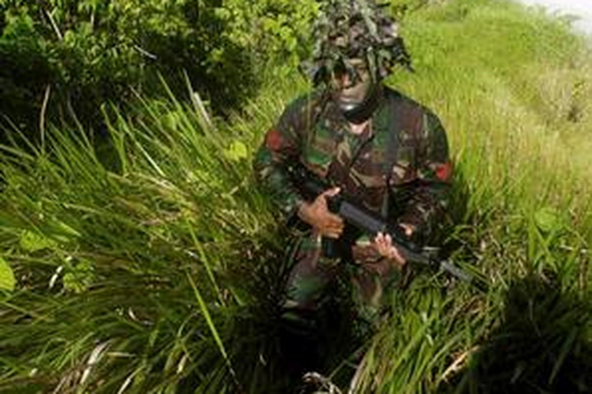 Anggota pasukan Brigade Infanteri-9 Kostrad melakukan penyisiran di Kaliorang, Kutai Timur, dalam rangka Latihan Gabungan TNI 2008, Rabu (18/6).