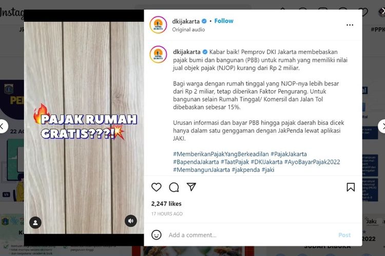 Pemerintah Provinsi DKI Jakarta memberikan pembebasan pajak bumi dan bangunan (PBB) bagi warga DKI Jakarta.