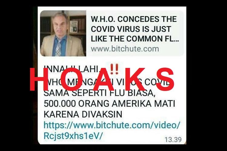 Hoaks! Informasi yang menyebutkan bahwa WHO mengakui Covid-19 adalah flu biasa.