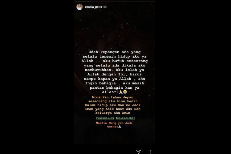 Pedangdut Zaskia Gotik curhat mengenai pasangan hidup di Instagram Story akunnya, @zaskia_gotix. 