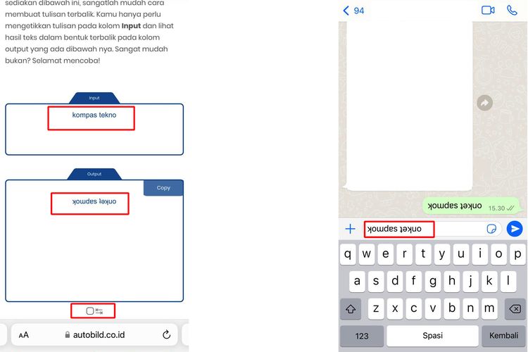 Ilustrasi cara membuat tulisan WhatsApp terbalik