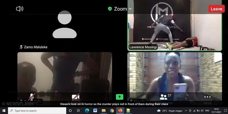 Tangkapan layar di video menunjukkan Lawrence Masinge (kanan, atas), seorang pelatih kebugaran di Afrika Selatan ditembak mati oleh pelaku yang diduga perampok saat menggelar latihan lewat Zoom, disaksikan 200 orang.