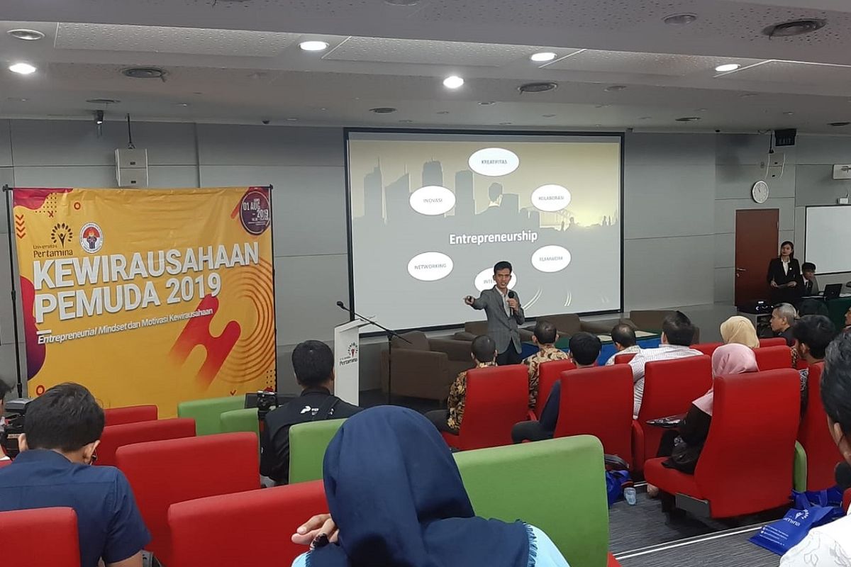 Kuliah umum dengan tema Kewirausahaan Pemuda 2019 di Universitas Pertamina, Jakarta, Kamis (1/8/2019).