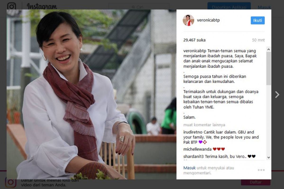 Istri Basuki Tjahaja Purnama (Ahok), Veronica Tan, menyampaikan ucapan selamat menunaikan ibadah puasa melalui akun Instagram miliknya, @veronicabtp, Jumat (26/5/2017).