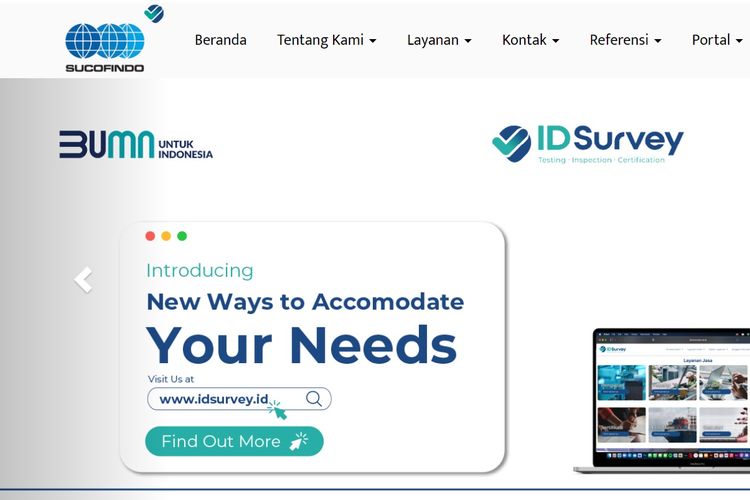 Tampilan website dari PT Sucofindo.