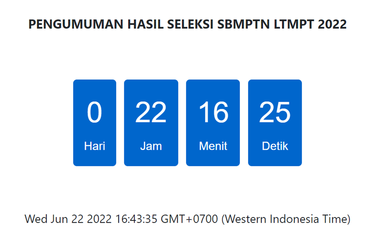 Tangkapan layar countdown Pengumuman Hasil Seleksi SBMPTN LTMPT 2022.